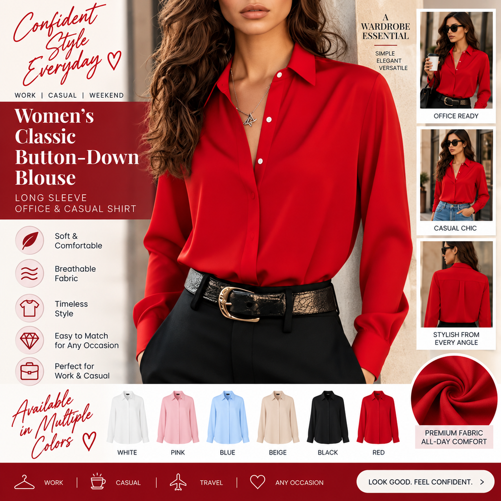 Women’s Classic Button-Down Blouse – Long Sleeve Office & Casual Shirt