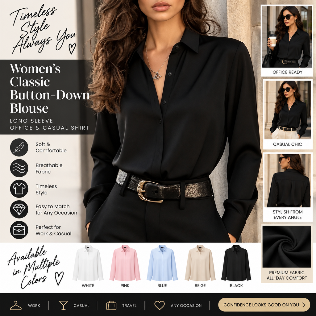 Women’s Classic Button-Down Blouse – Long Sleeve Office & Casual Shirt