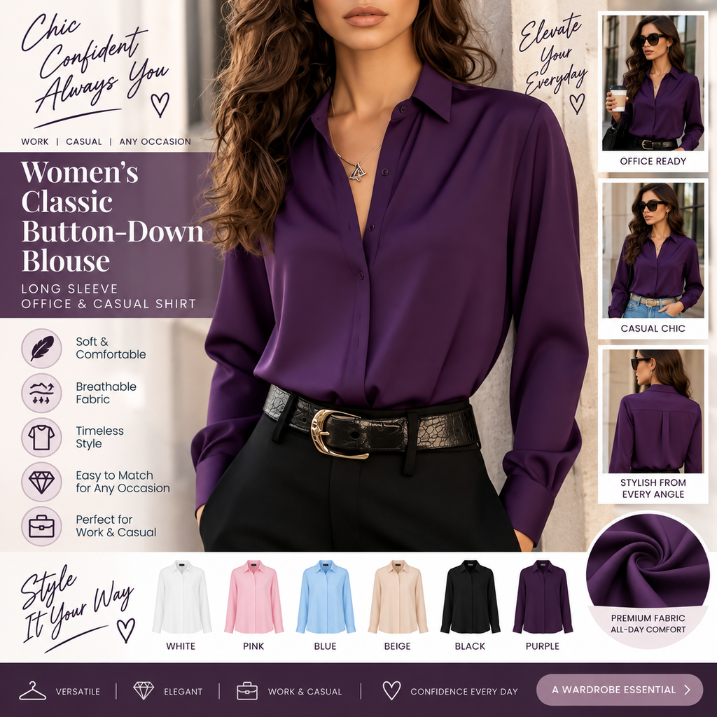Women’s Classic Button-Down Blouse – Long Sleeve Office & Casual Shirt