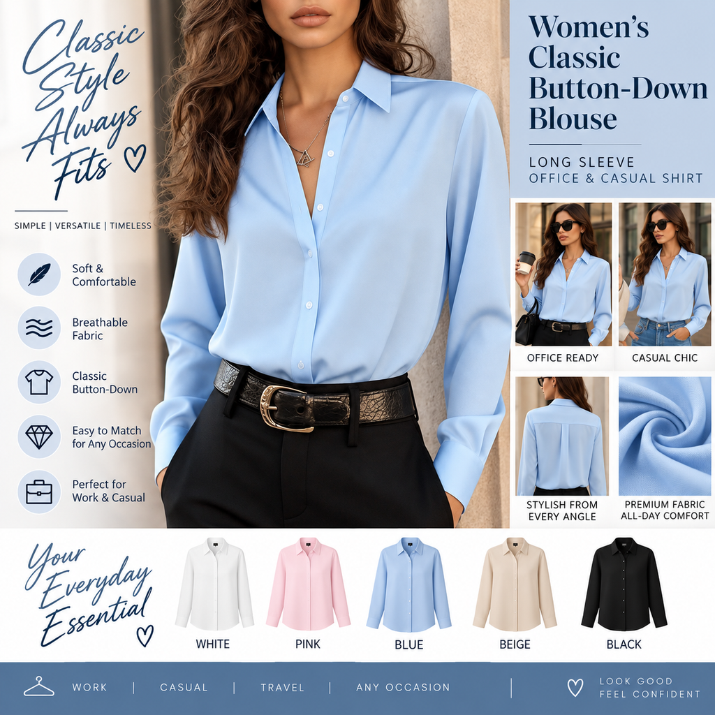 Women’s Classic Button-Down Blouse – Long Sleeve Office & Casual Shirt