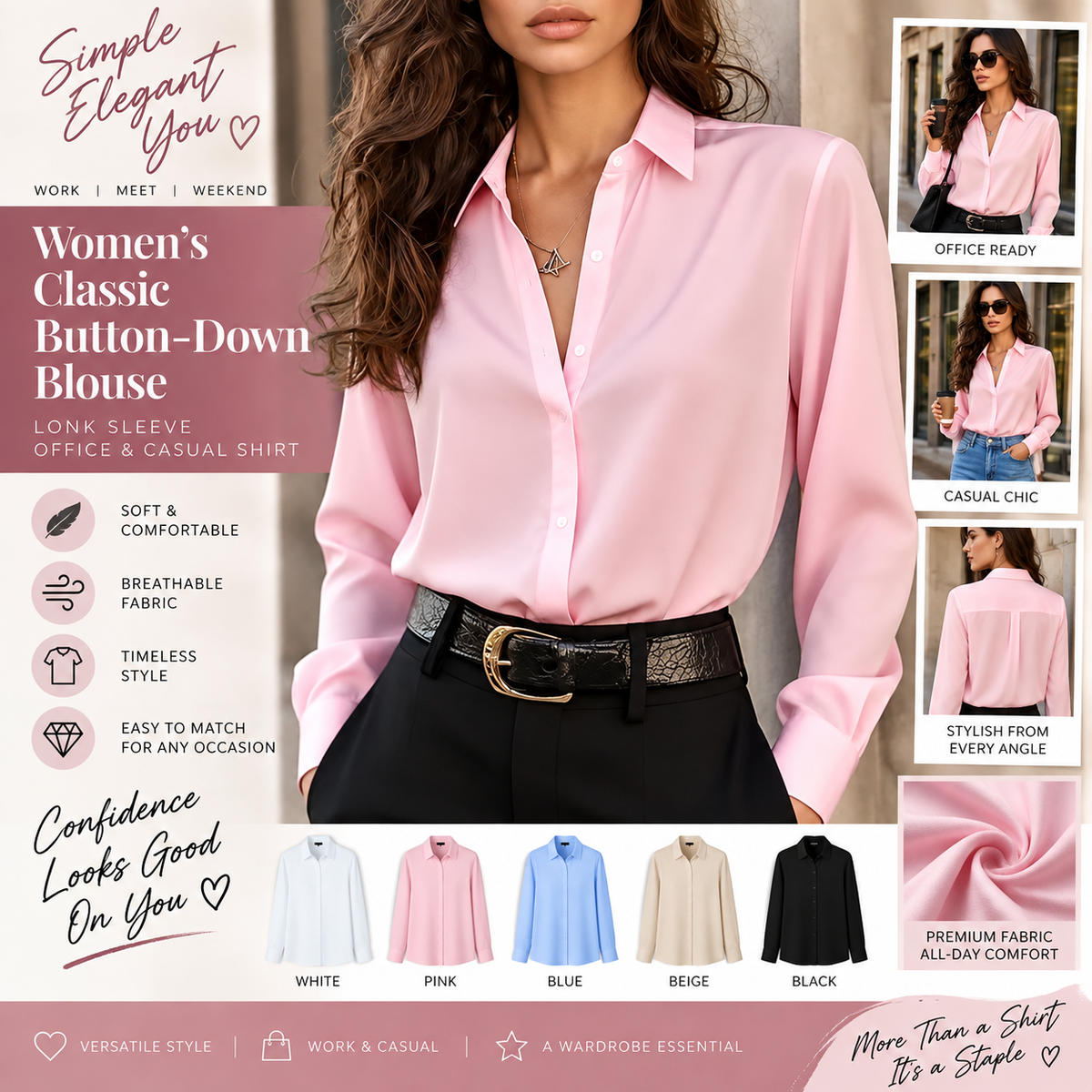 Women’s Classic Button-Down Blouse – Long Sleeve Office & Casual Shirt