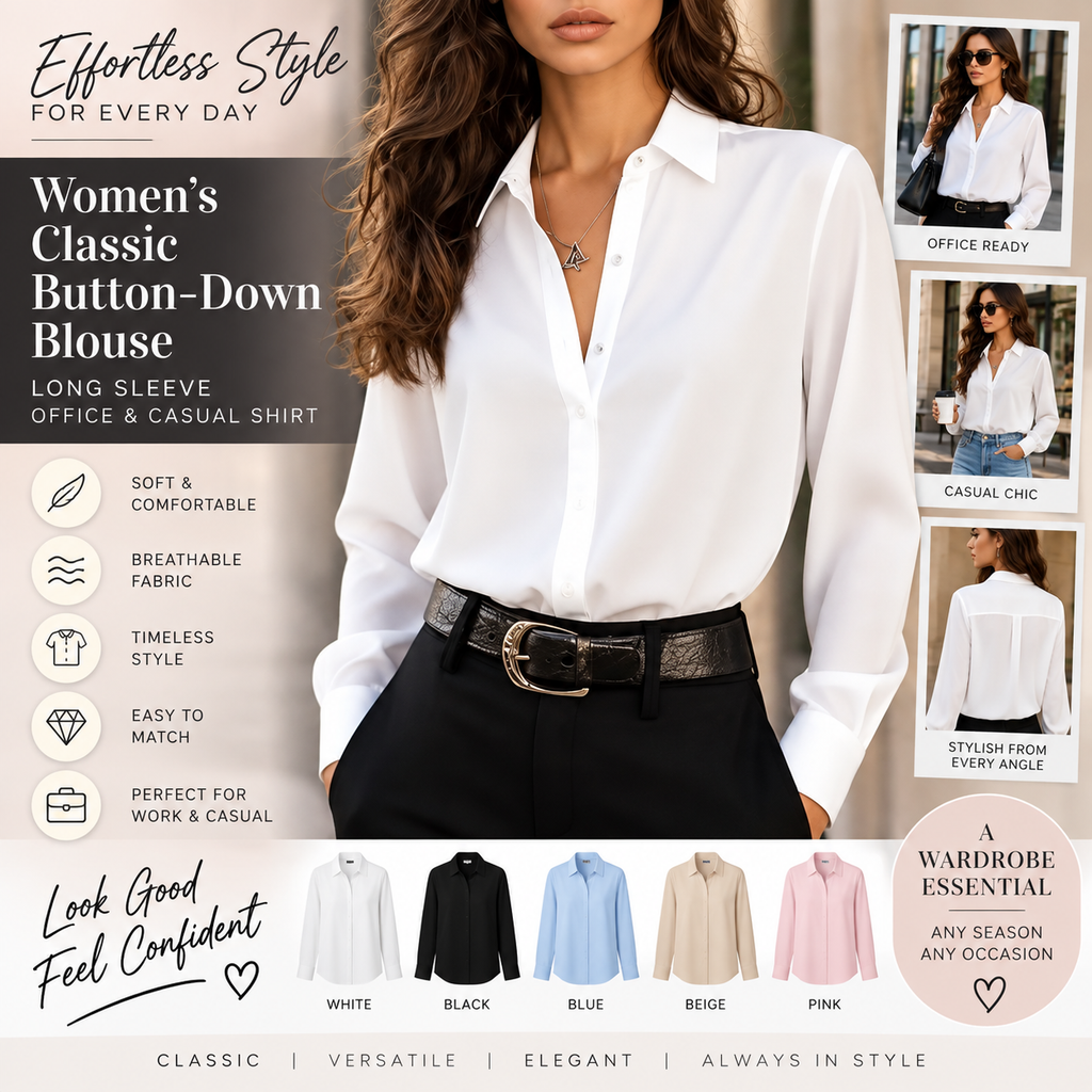 Women’s Classic Button-Down Blouse – Long Sleeve Office & Casual Shirt
