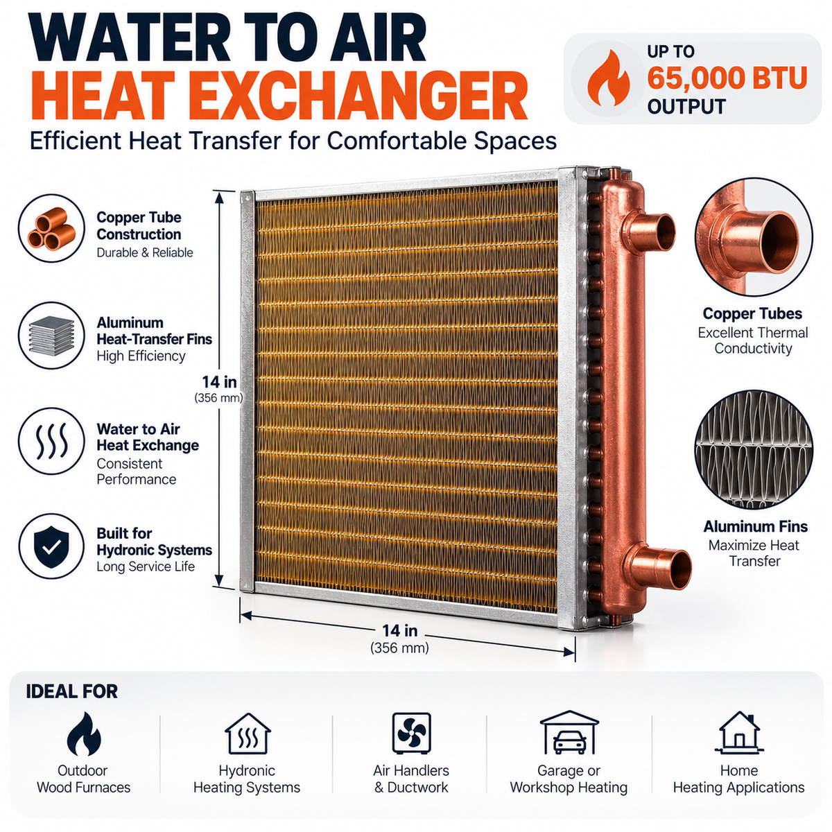 14" × 14" Water-to-Air Heat Exchanger – 65K BTU Hydronic HVAC Coil