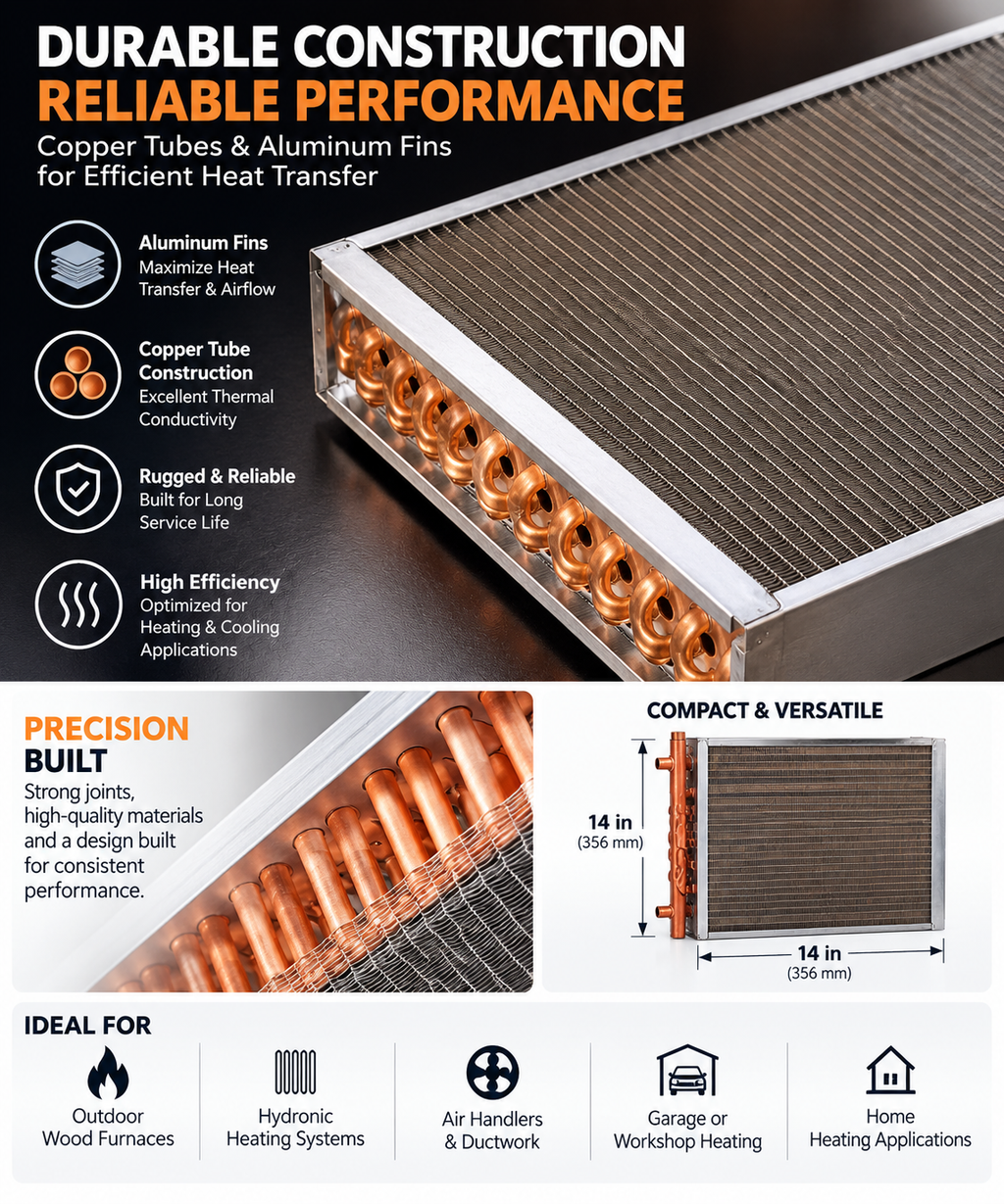 14" × 14" Water-to-Air Heat Exchanger – 65K BTU Hydronic HVAC Coil