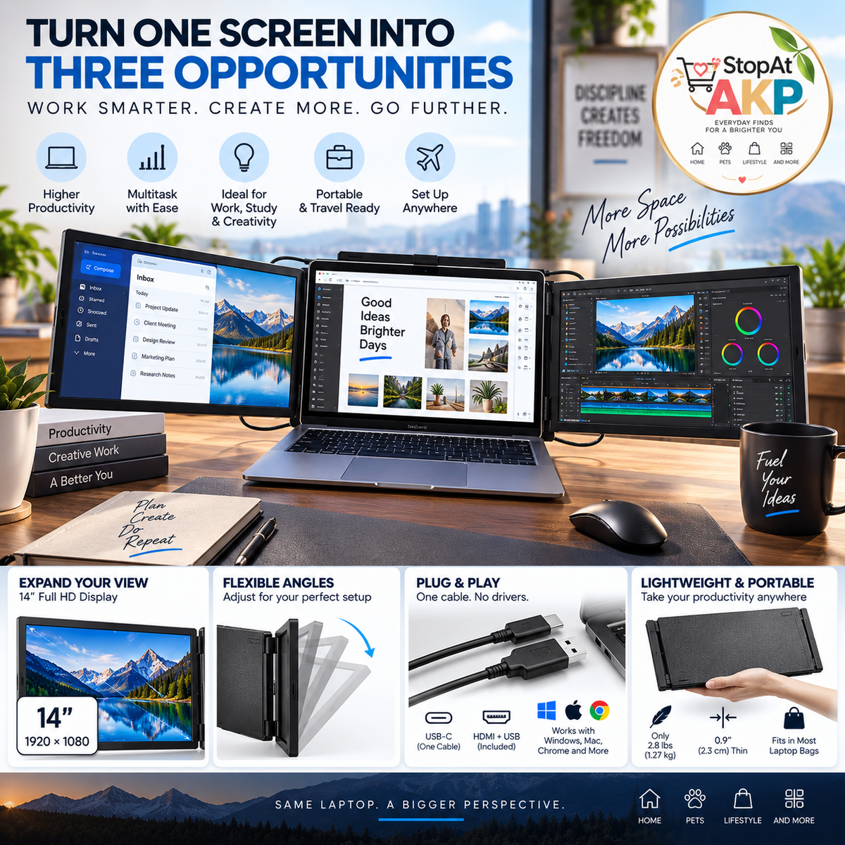 14" Triple Laptop Screen Extender – Portable Dual Monitor Expansion