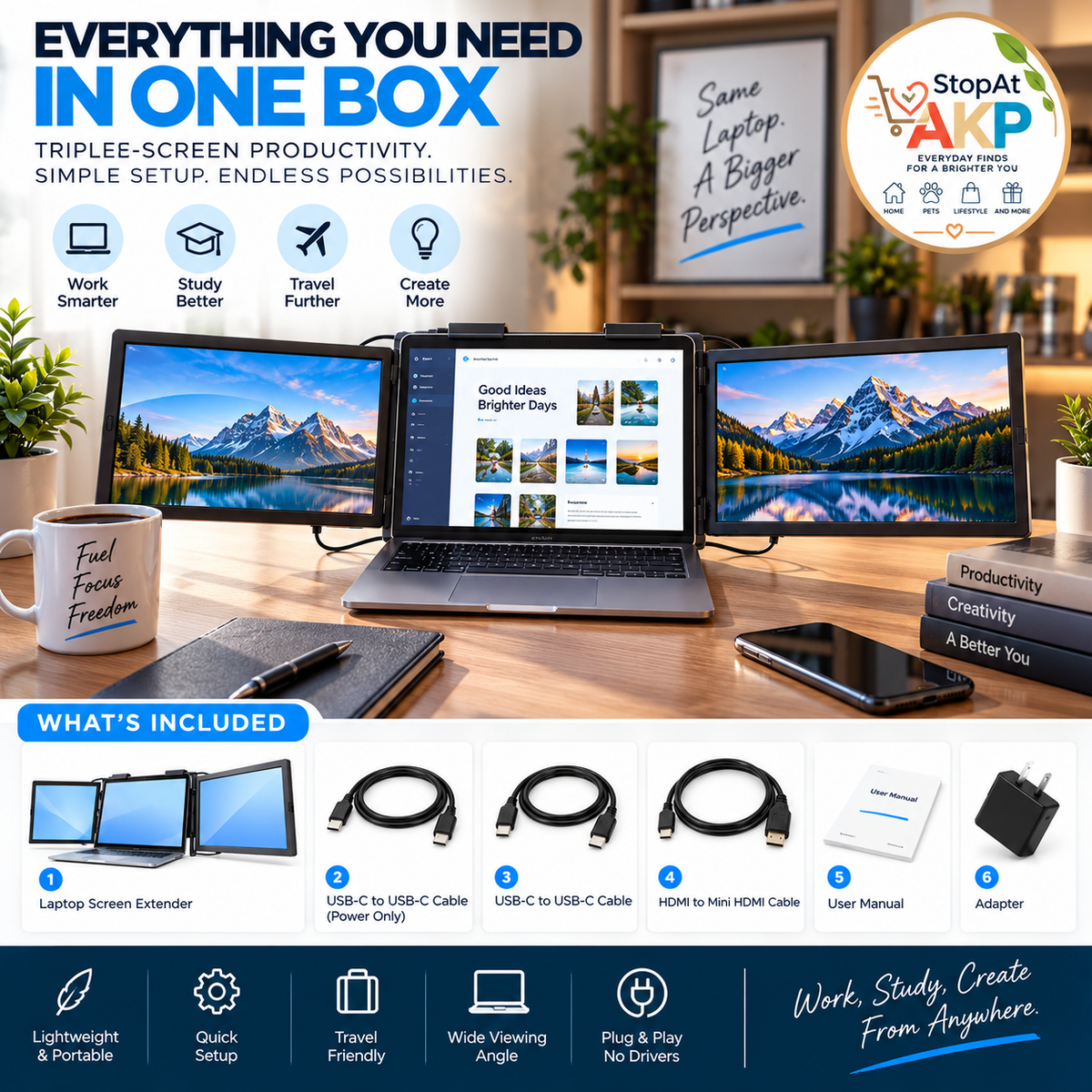14" Triple Laptop Screen Extender – Portable Dual Monitor Expansion