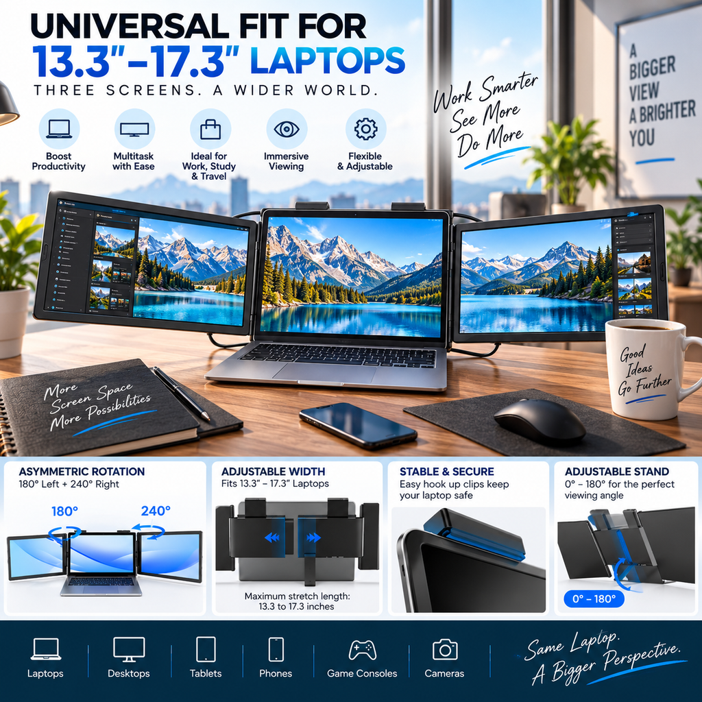 14" Triple Laptop Screen Extender – Portable Dual Monitor Expansion