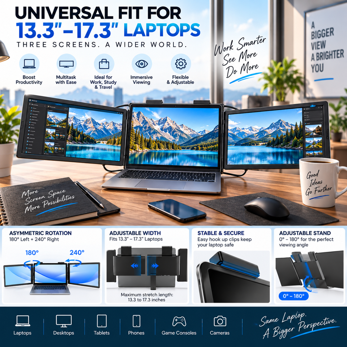 14" Triple Laptop Screen Extender – Portable Dual Monitor Expansion