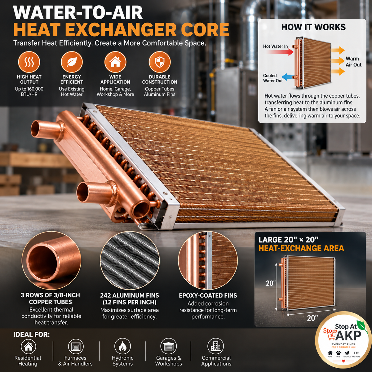 20" × 20" Water-to-Air Heat Exchanger – 3-Row Hydronic HVAC Coil