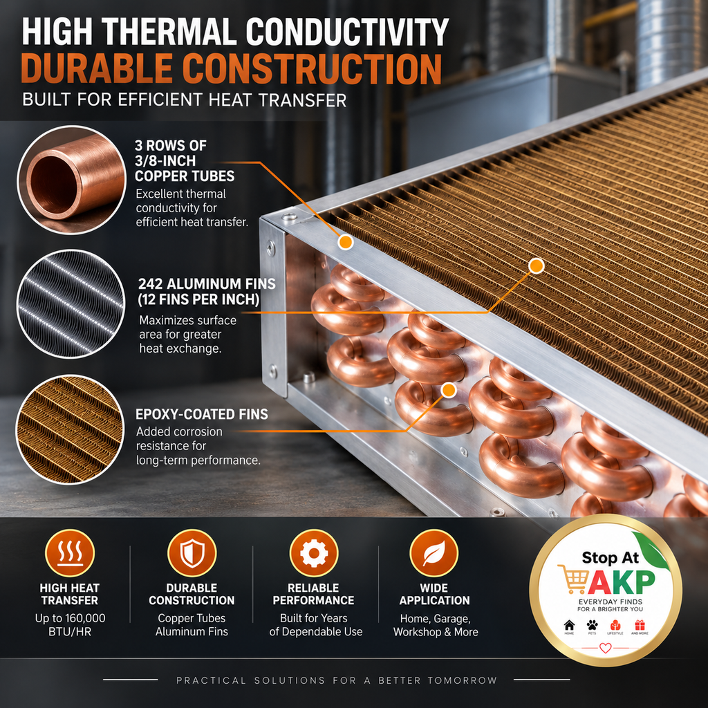 20" × 20" Water-to-Air Heat Exchanger – 3-Row Hydronic HVAC Coil