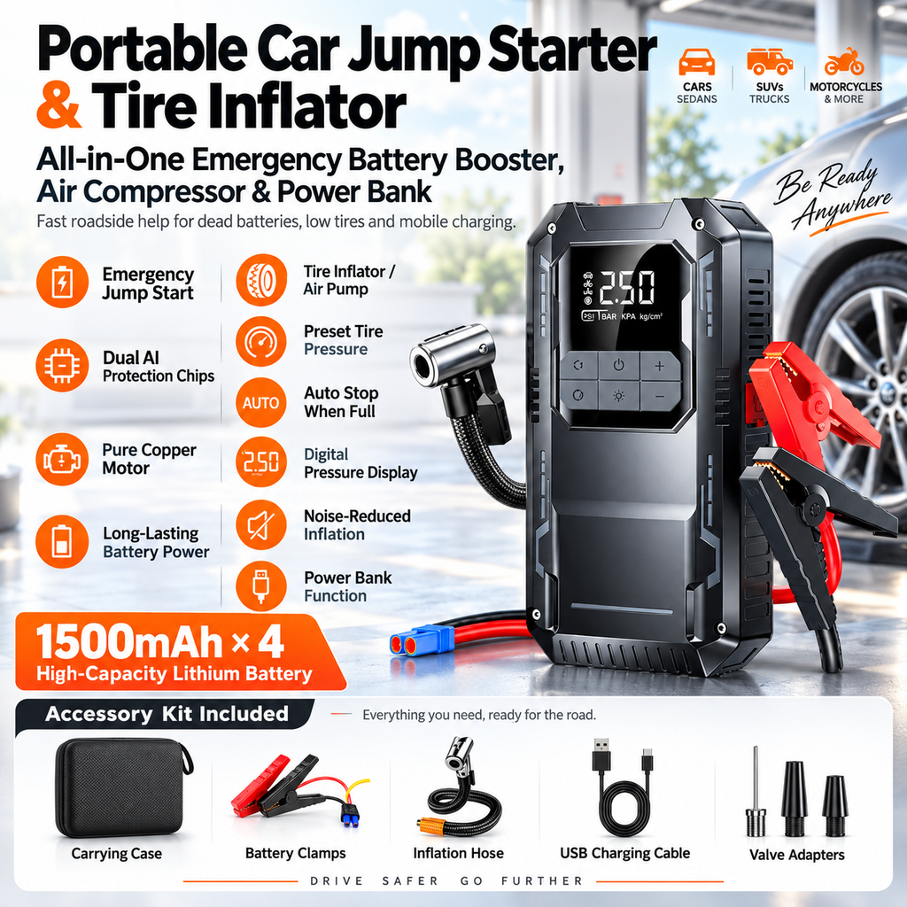 12V Car Jump Starter & Air Compressor – Battery Booster + Tire Inflator