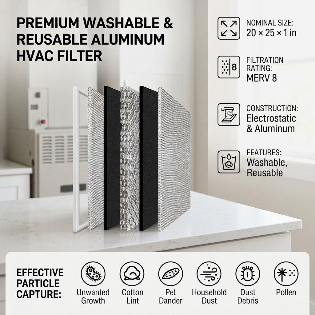 20×25×1 Washable Reusable HVAC Air Filter – MERV 8 Aluminum Filter