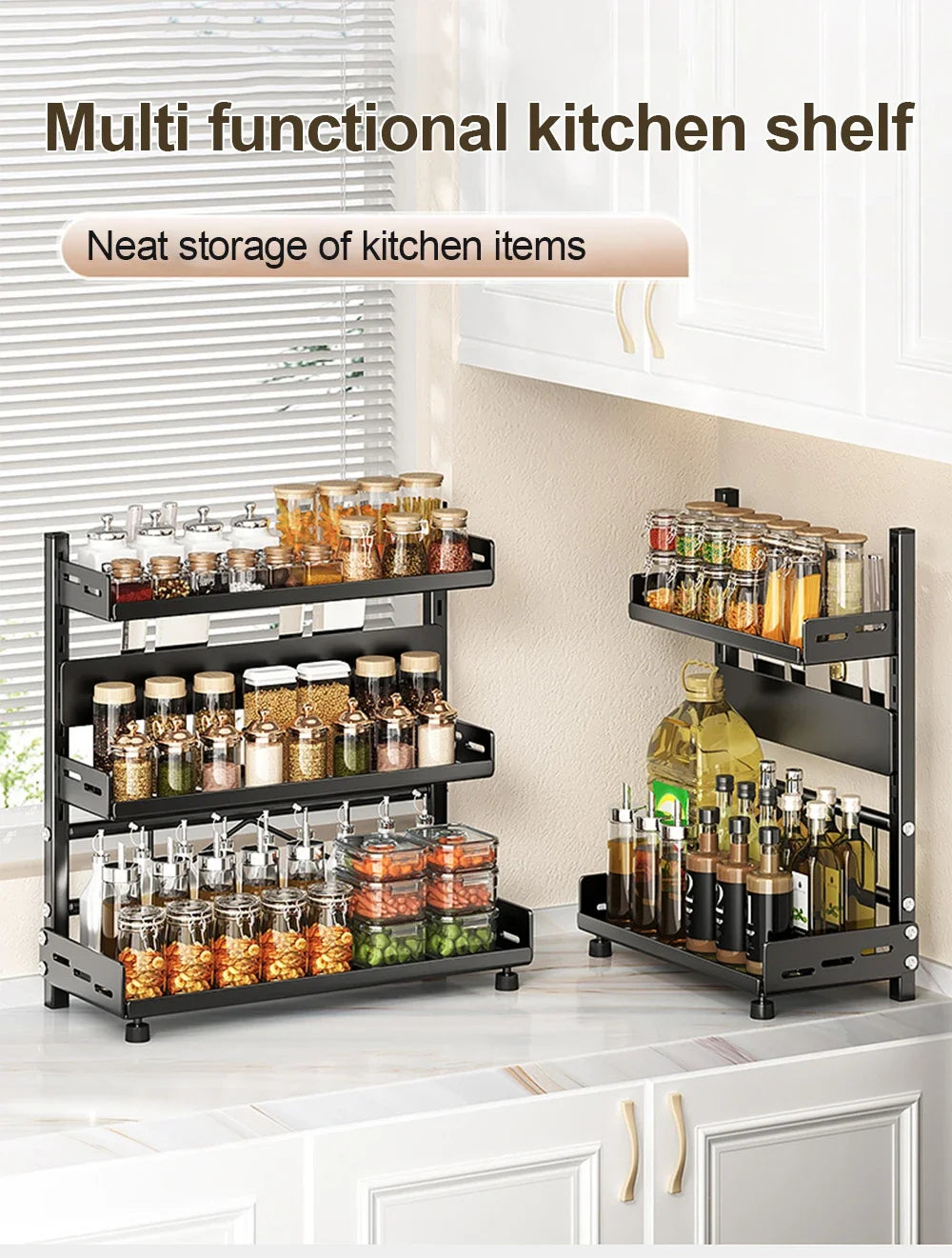 3-Tier Adjustable Countertop Spice Rack and Kitchen Organizer