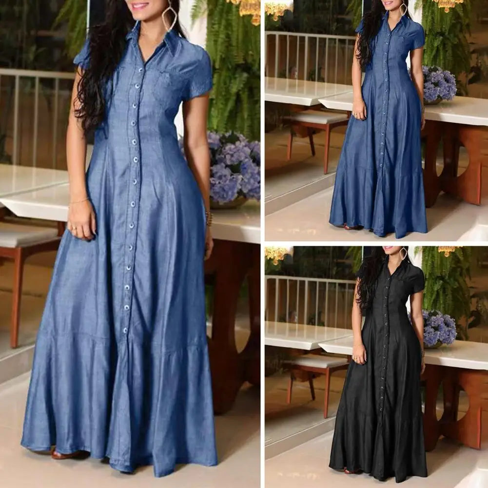 Women’s Ruffle Hem Denim Dress – High-Waist A-Line Dress with Pockets