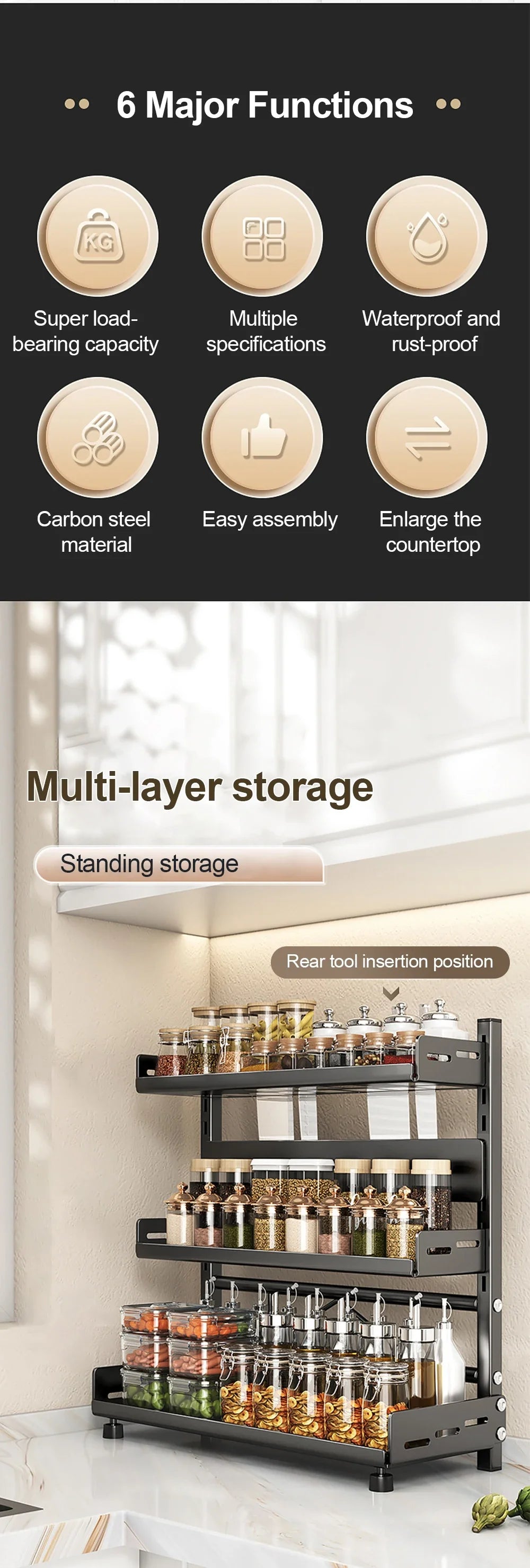 3-Tier Adjustable Countertop Spice Rack and Kitchen Organizer