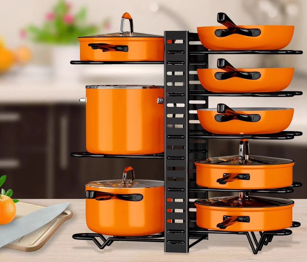 8-Tier Adjustable Pot and Pan Organizer Rack with Lid Holders