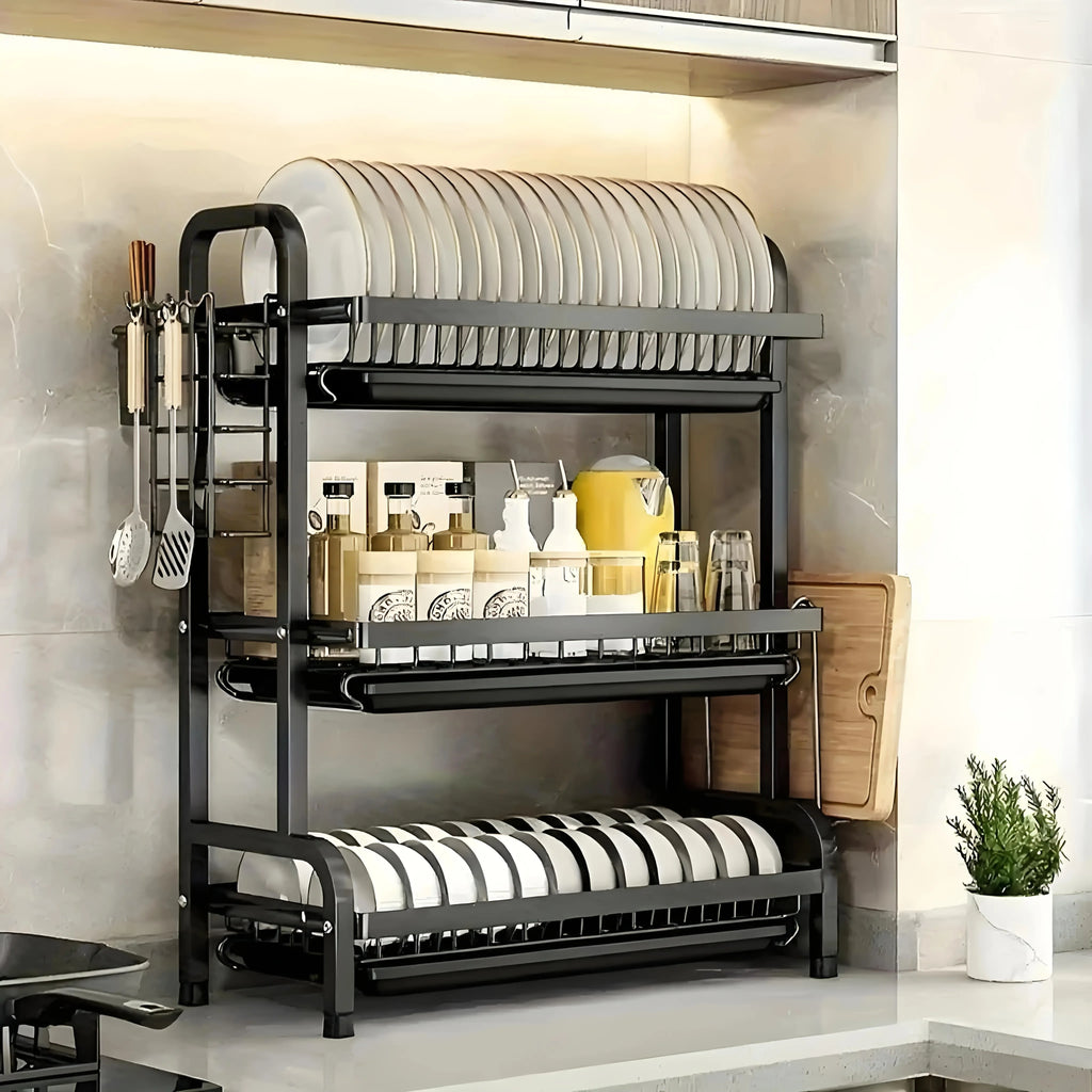 2–3 Tier Vertical Dish Rack with Utensil and Cutting Board Holders