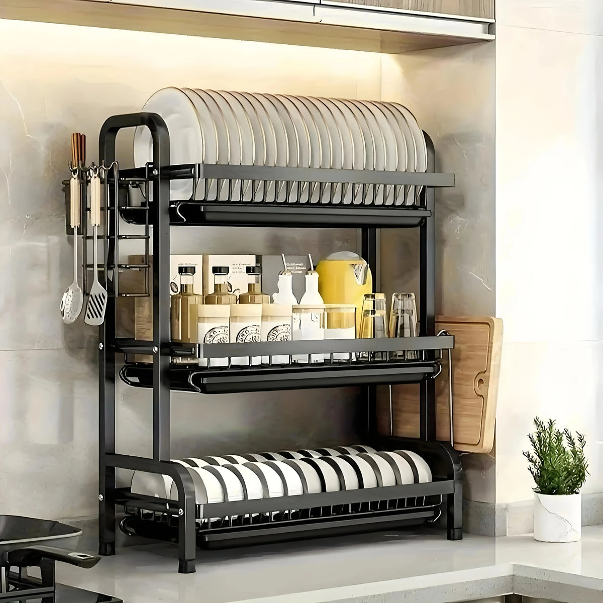 2–3 Tier Vertical Dish Rack with Utensil and Cutting Board Holders