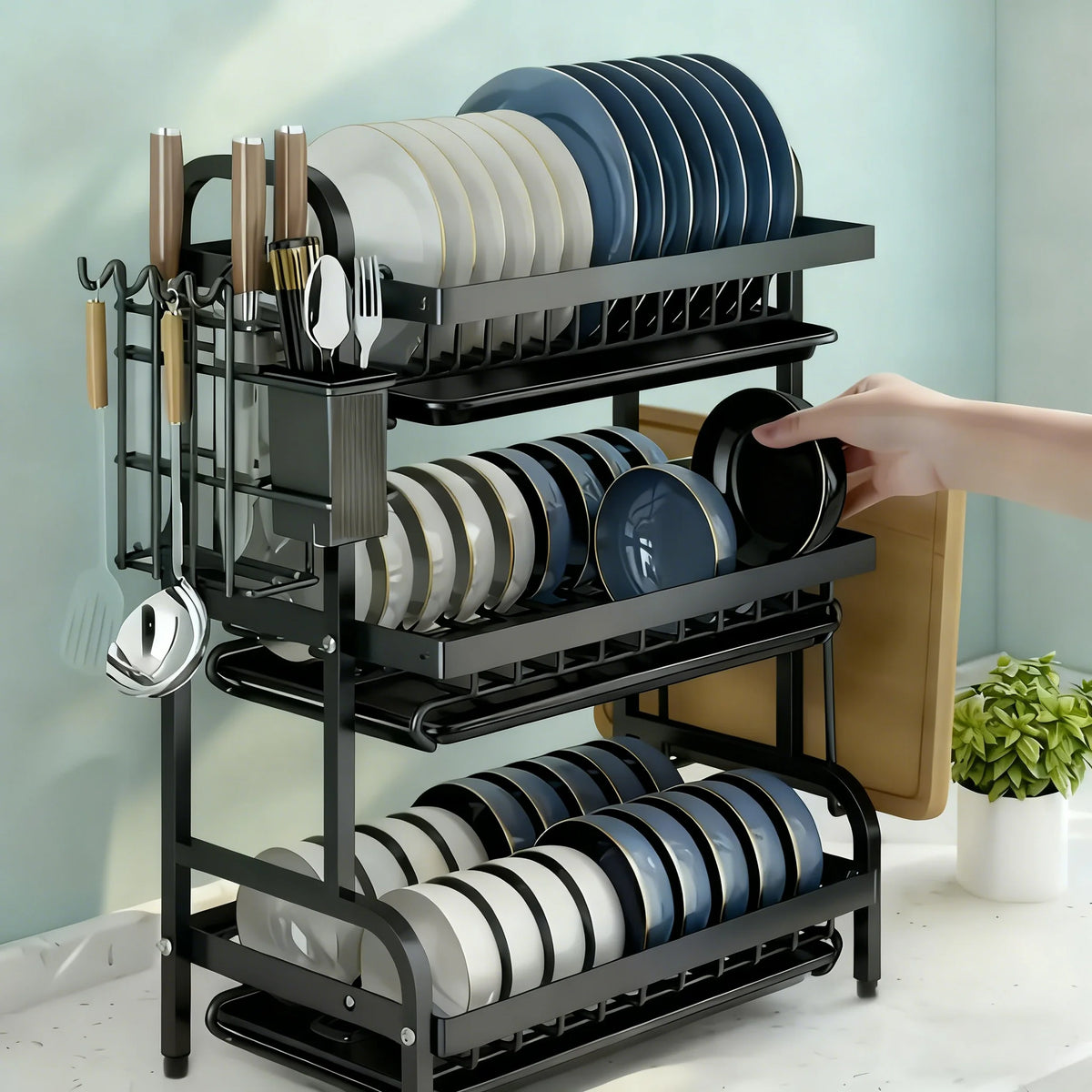 2–3 Tier Vertical Dish Rack with Utensil and Cutting Board Holders