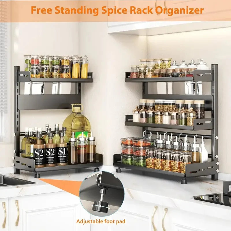 3-Tier Adjustable Countertop Spice Rack and Kitchen Organizer