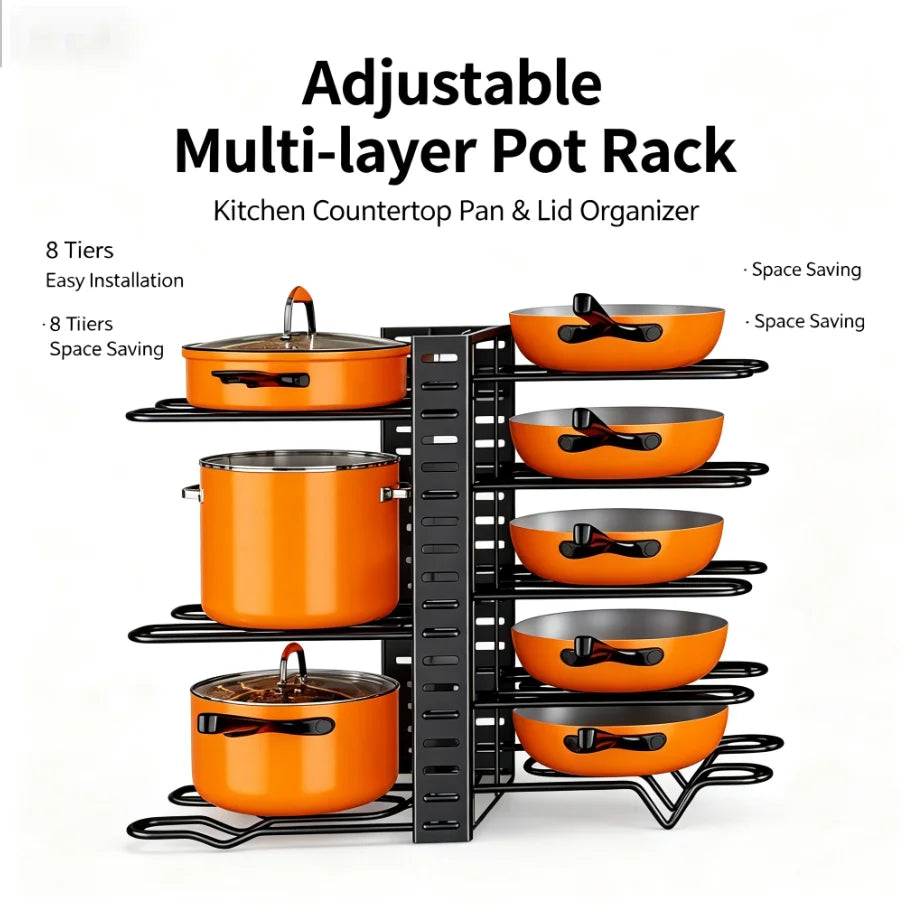 8-Tier Adjustable Pot and Pan Organizer Rack with Lid Holders