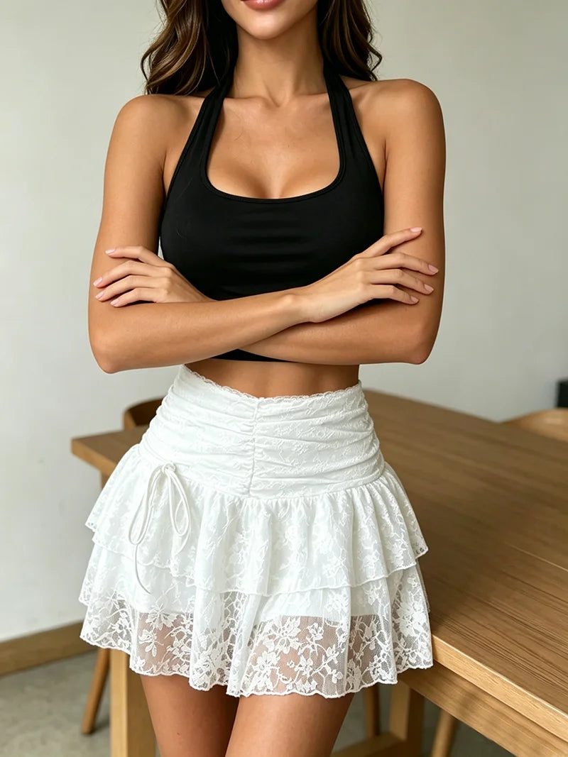 Women’s Halter Crop Top & Layered Lace Mini Skirt – 2-Piece Outfit Set