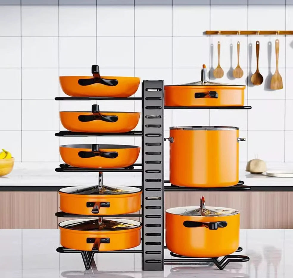 8-Tier Adjustable Pot and Pan Organizer Rack with Lid Holders