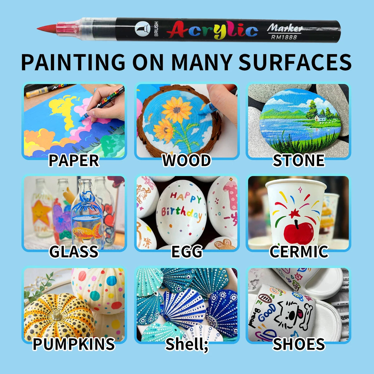 Acrylic Paint Marker Pens – Brush Tip Art Markers for Rock, Wood, Glass & DIY