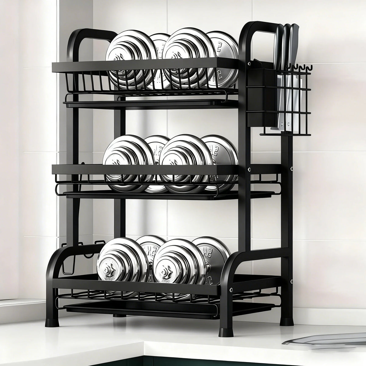 2–3 Tier Vertical Dish Rack with Utensil and Cutting Board Holders