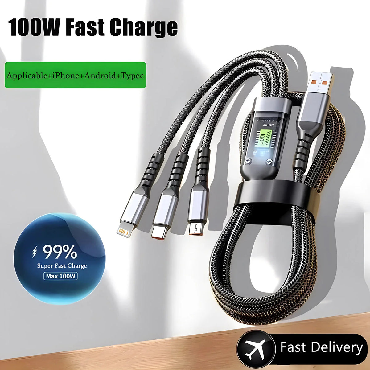 100W 3-in-1 Braided Charging Cable