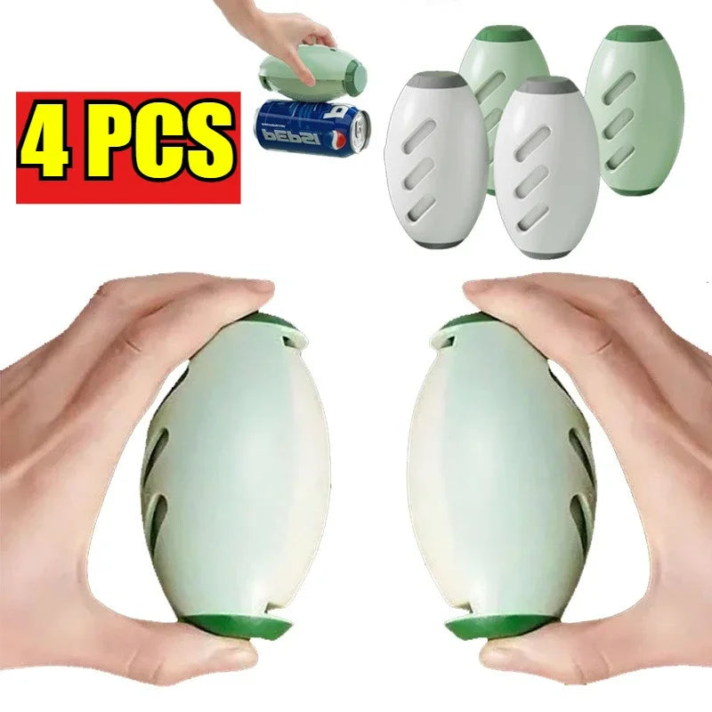 Four egg-shaped battery storage devices shown on a white background, with two being held by hands to demonstrate size and shape, plus a small inset showing one device inserted with a battery. A large yellow '4 PCS' label appears in the top left.