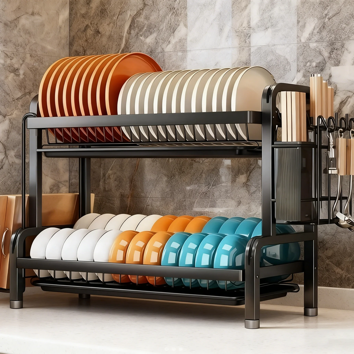 2–3 Tier Vertical Dish Rack with Utensil and Cutting Board Holders
