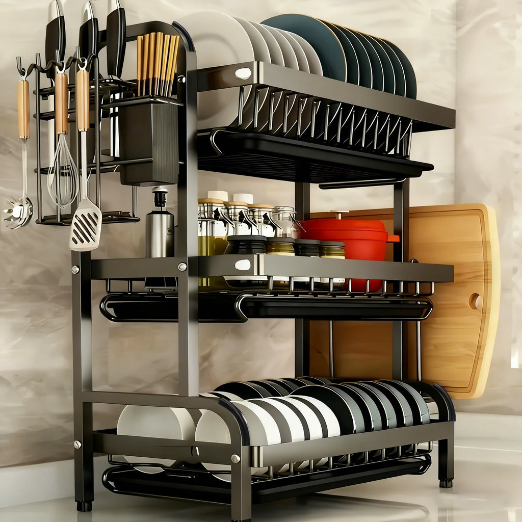 2–3 Tier Vertical Dish Rack with Utensil and Cutting Board Holders