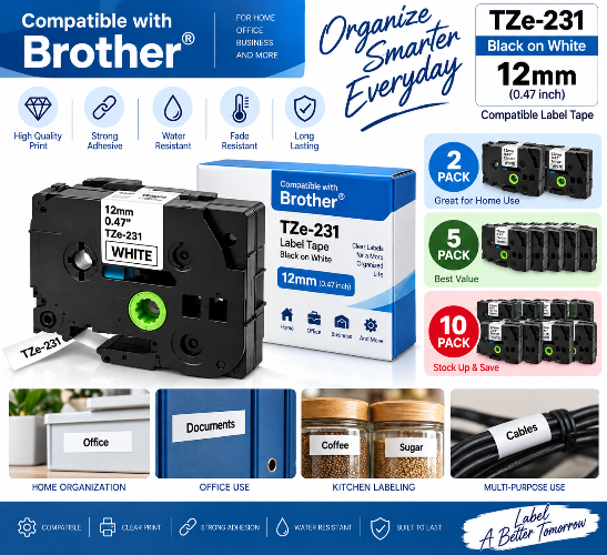 Brother TZe-231 Black on White 12mm label tape shown in multiple retail pack sizes, with product packaging, compatibility callouts, and use-case icons including office, kitchen, and cable labeling.