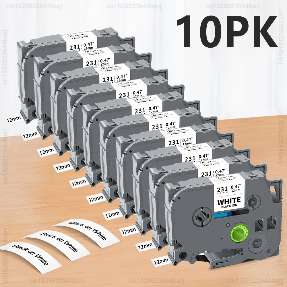 TZe-231 compatible 10-pack black-on-white label tape